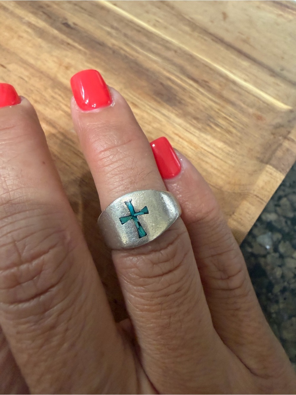 Sterling Silver Cross Inlay Ring Size 6 - Turquoise - Picture 2 of 4